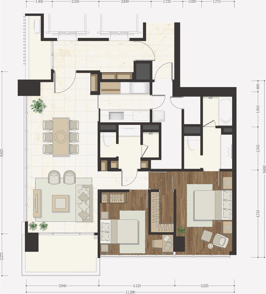 2bed South 125sqm 間取り図