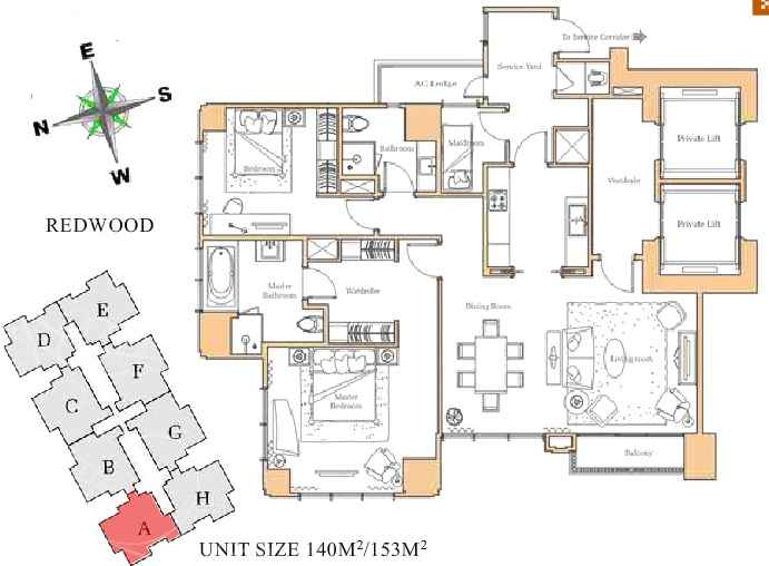 Pakubuwono View 2 Bedroom Redwood Corner 140sqm 間取り図