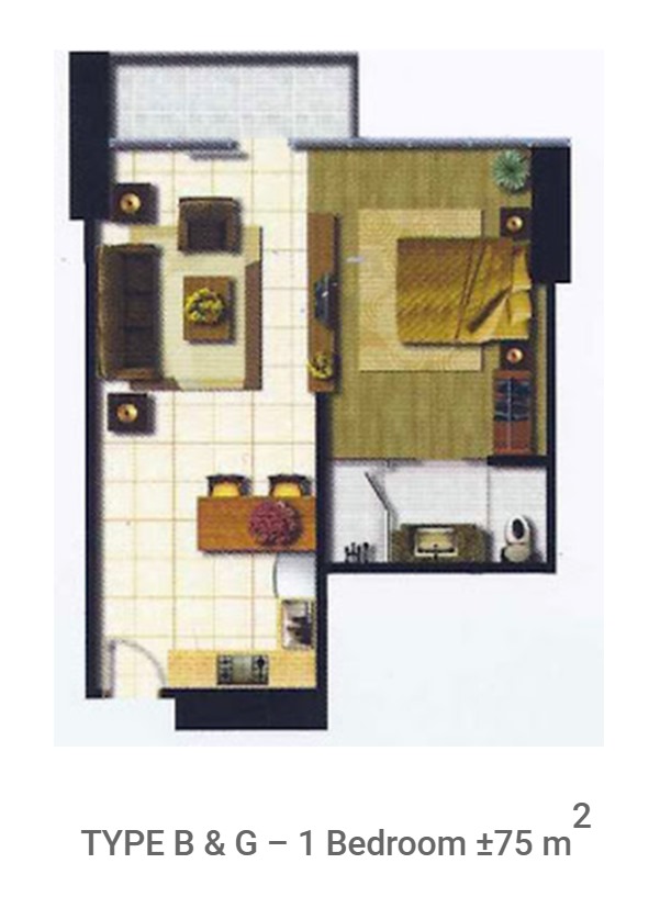 Tower 2 Type B and G 1 Bedroom Floor Plan