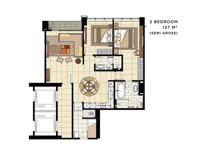 2Bed 127sqm Floor Plan
