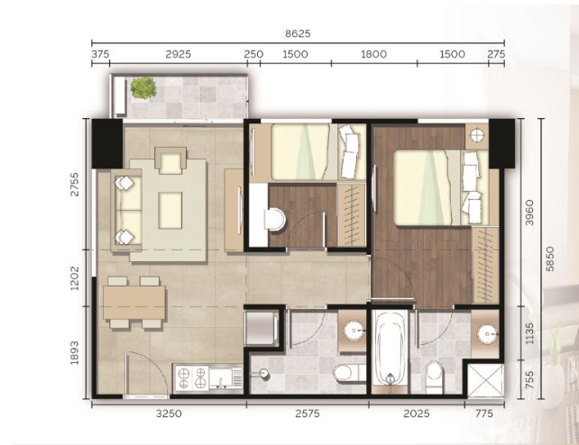 2 Bedroom 62sqm 間取り図