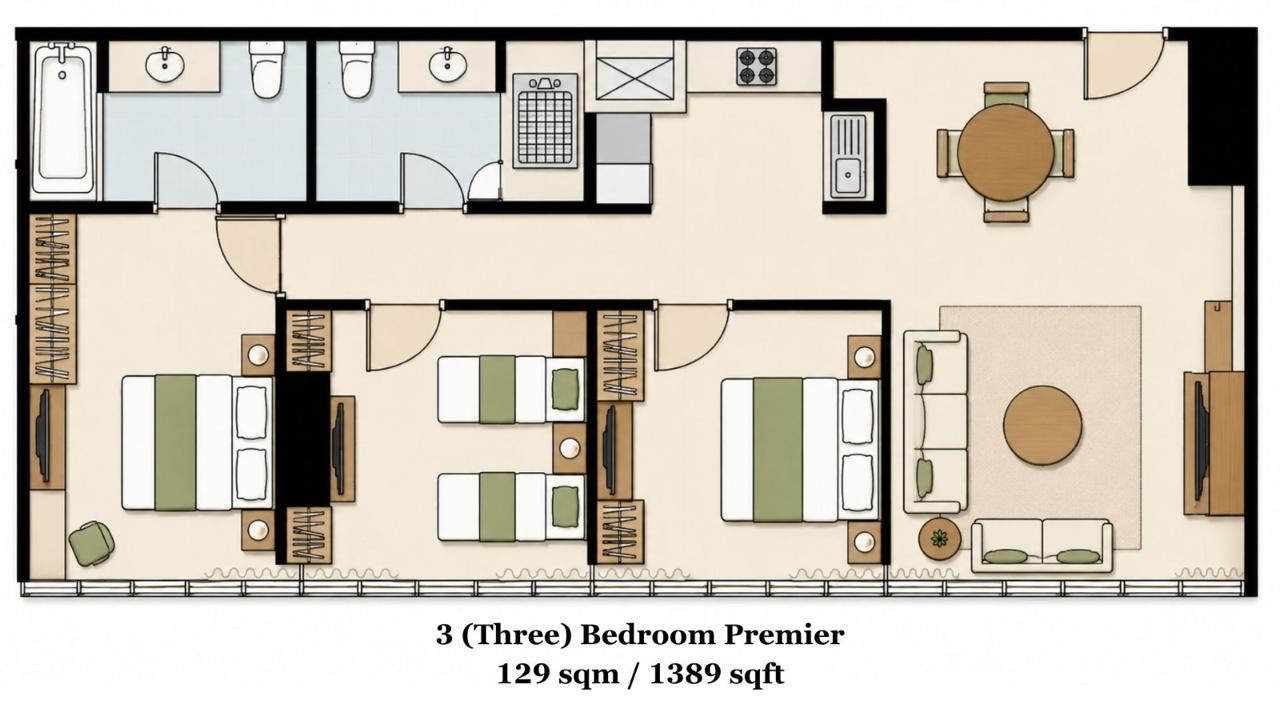 3 Bedroom Premier 129sqm 間取り図