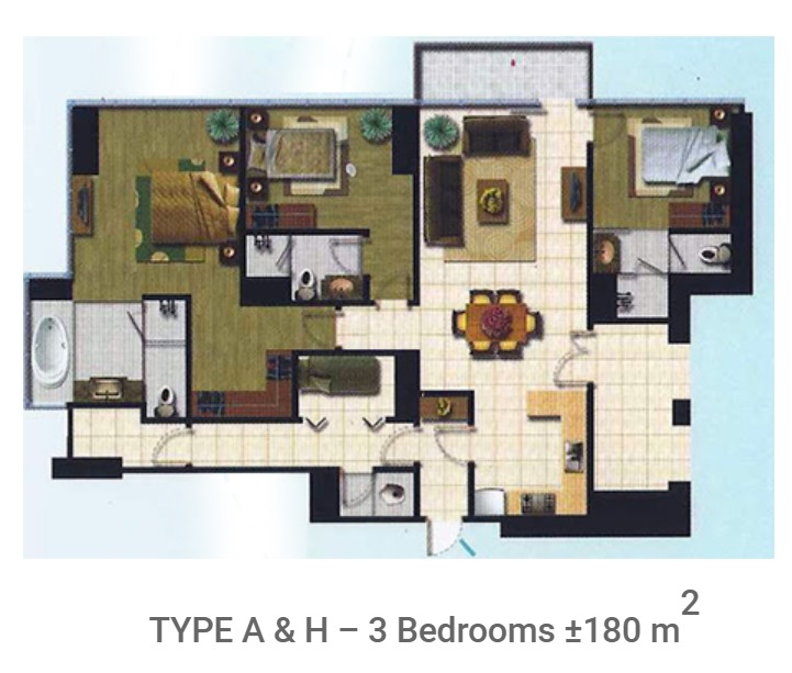 Tower 2 Type A and H 3 Bedrooms 180sqm Floor Plan