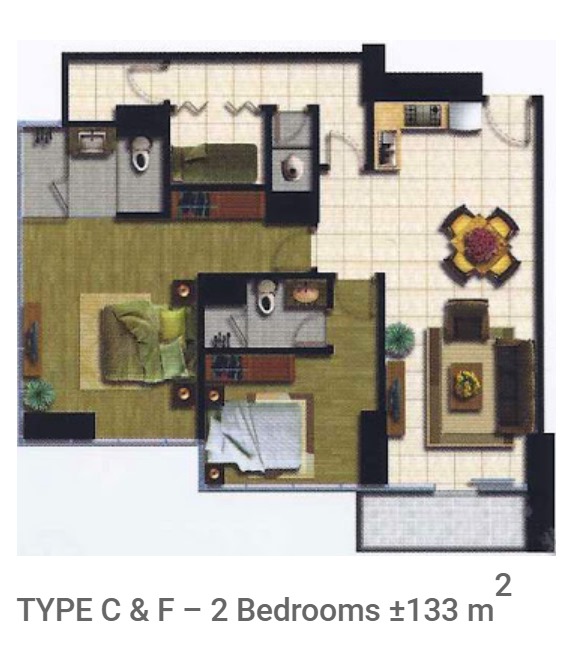 Tower 2 Type C and F 2 Bedrooms 133sqm Floor Plan