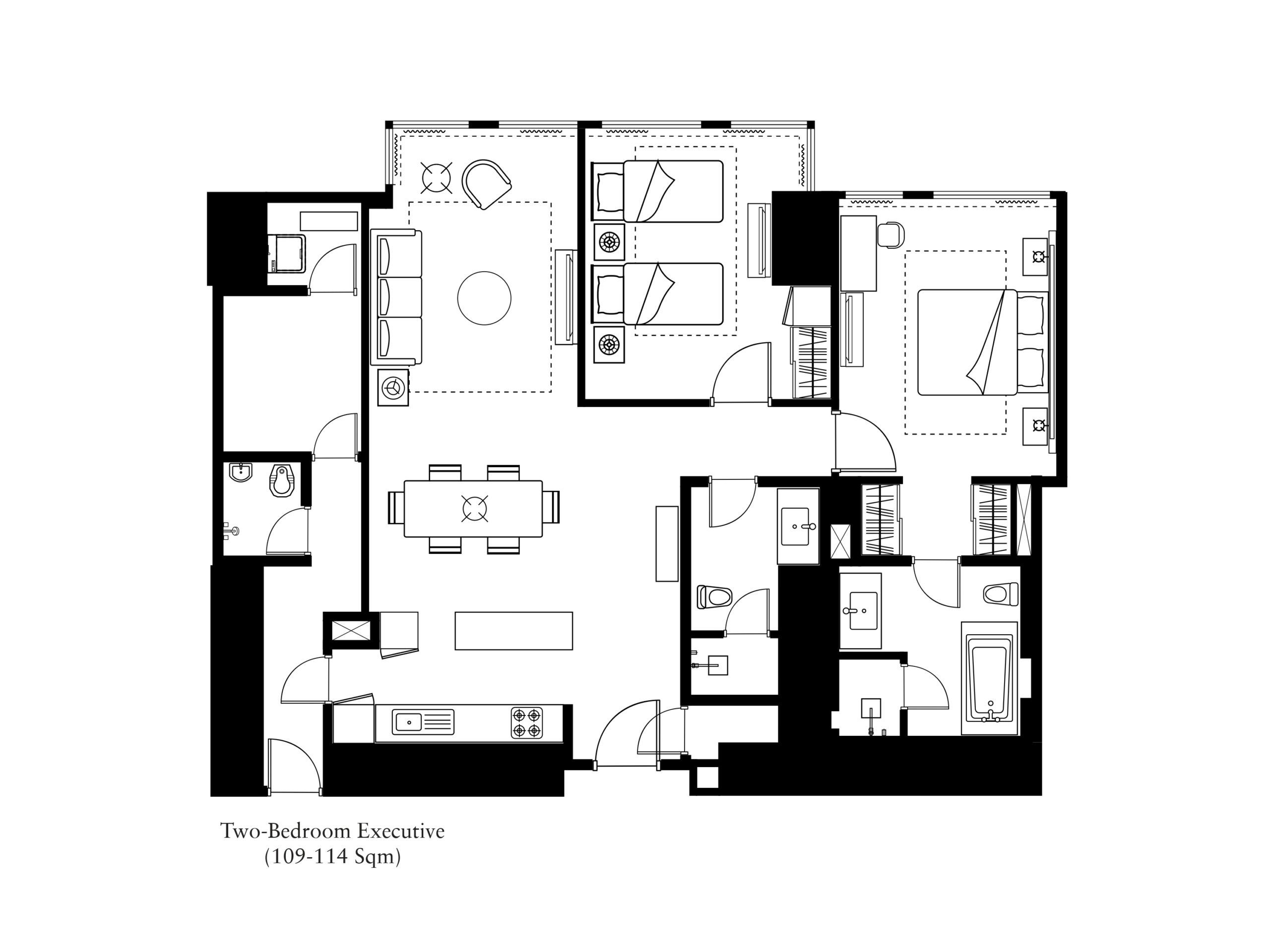 Two Bedroom Executive 109から114sqm Open Kitchen 間取り図