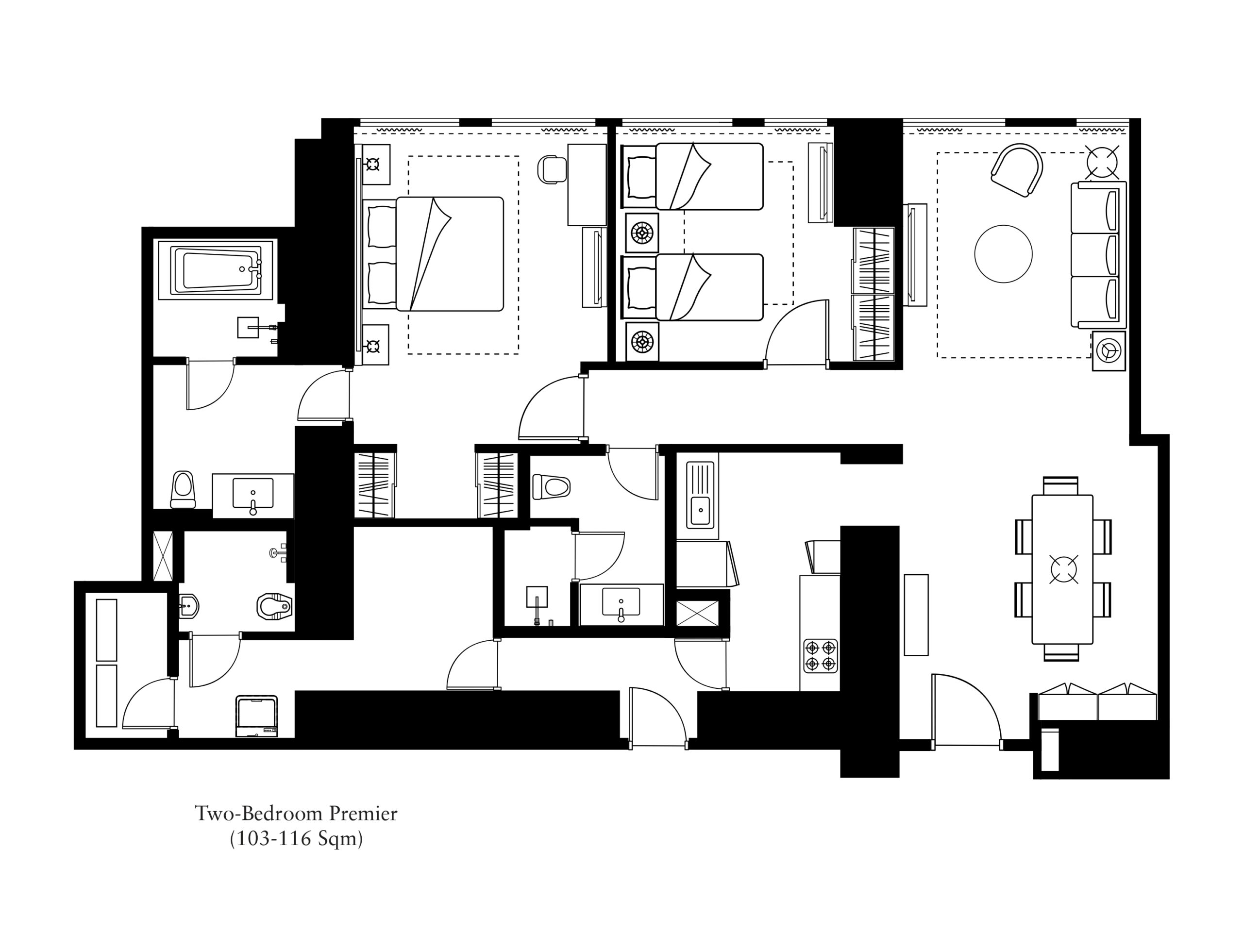 Two Bedroom Premier 103から116sqm Closed Kitchen 間取り図