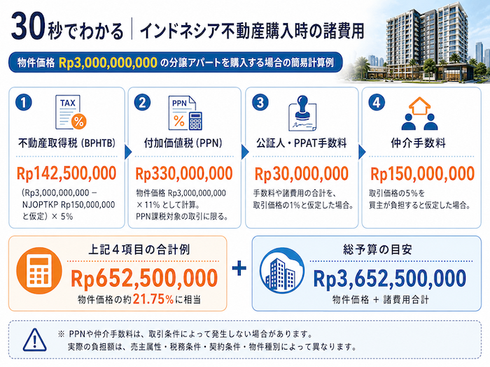 30秒でわかる インドネシア不動産購入時の諸費用 物件価格Rp3,000,000,000の計算例