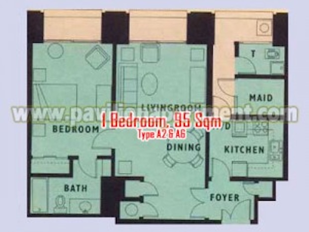パビリオン アパートメント 1 Bedroom Type A2 A6 95sqm 間取り図
