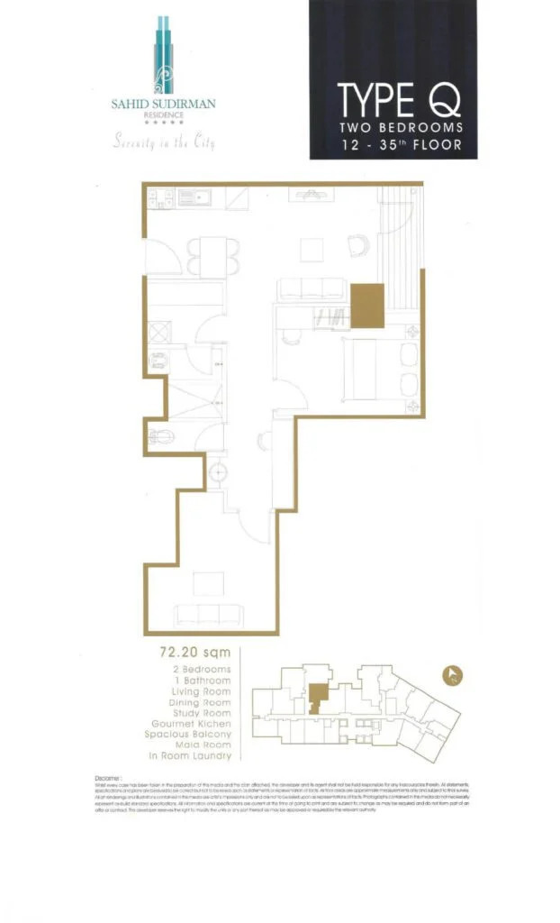 サヒッドスディルマン レジデンス Type Q 12階から35階 72.20sqm 間取り図