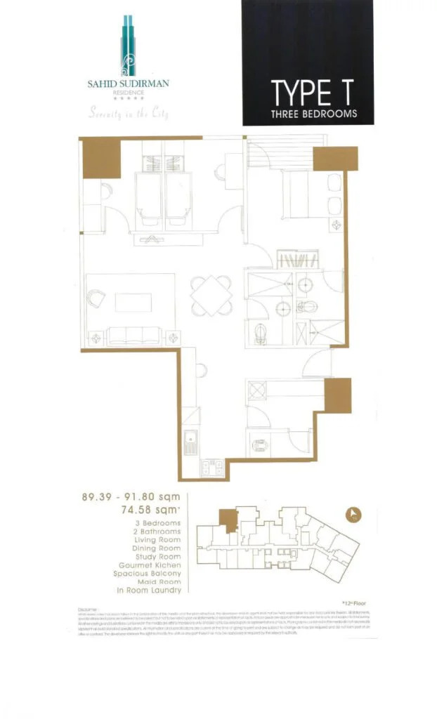 サヒッドスディルマン レジデンス Type T 89.39から91.80sqm 間取り図